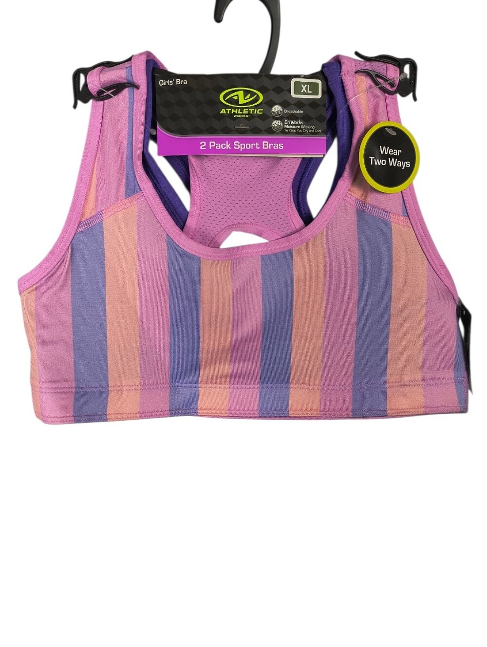 Athletic Works Sports Bras Girls' XL 2-Pack Pink Purple Striped Reversible